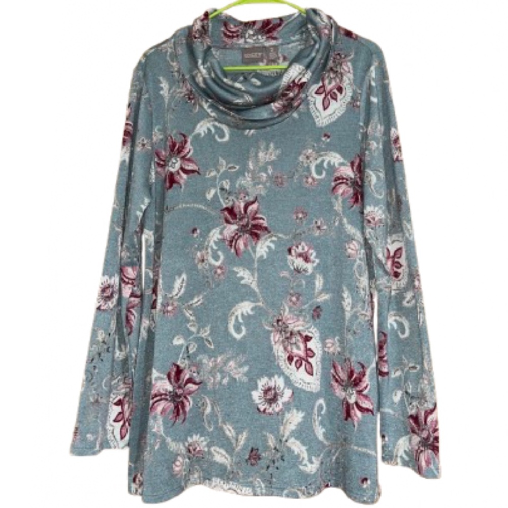 Chico’s Women’s Green Multi Floral Print Cowl Neck Fall/Winter Casual Shirt Sz-L